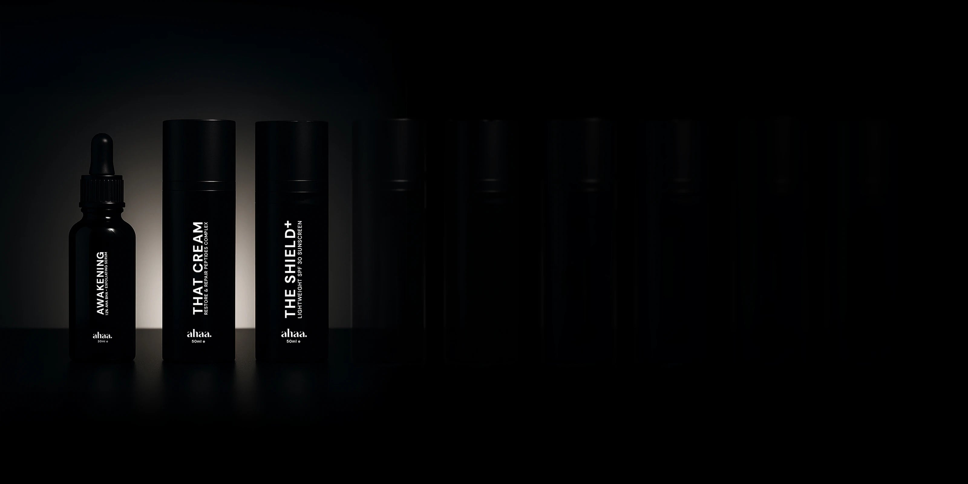 Ahaa® Skincare products arranged on the left with open negative space on the right, symbolising growth, direction, and the brand’s unstoppable future.